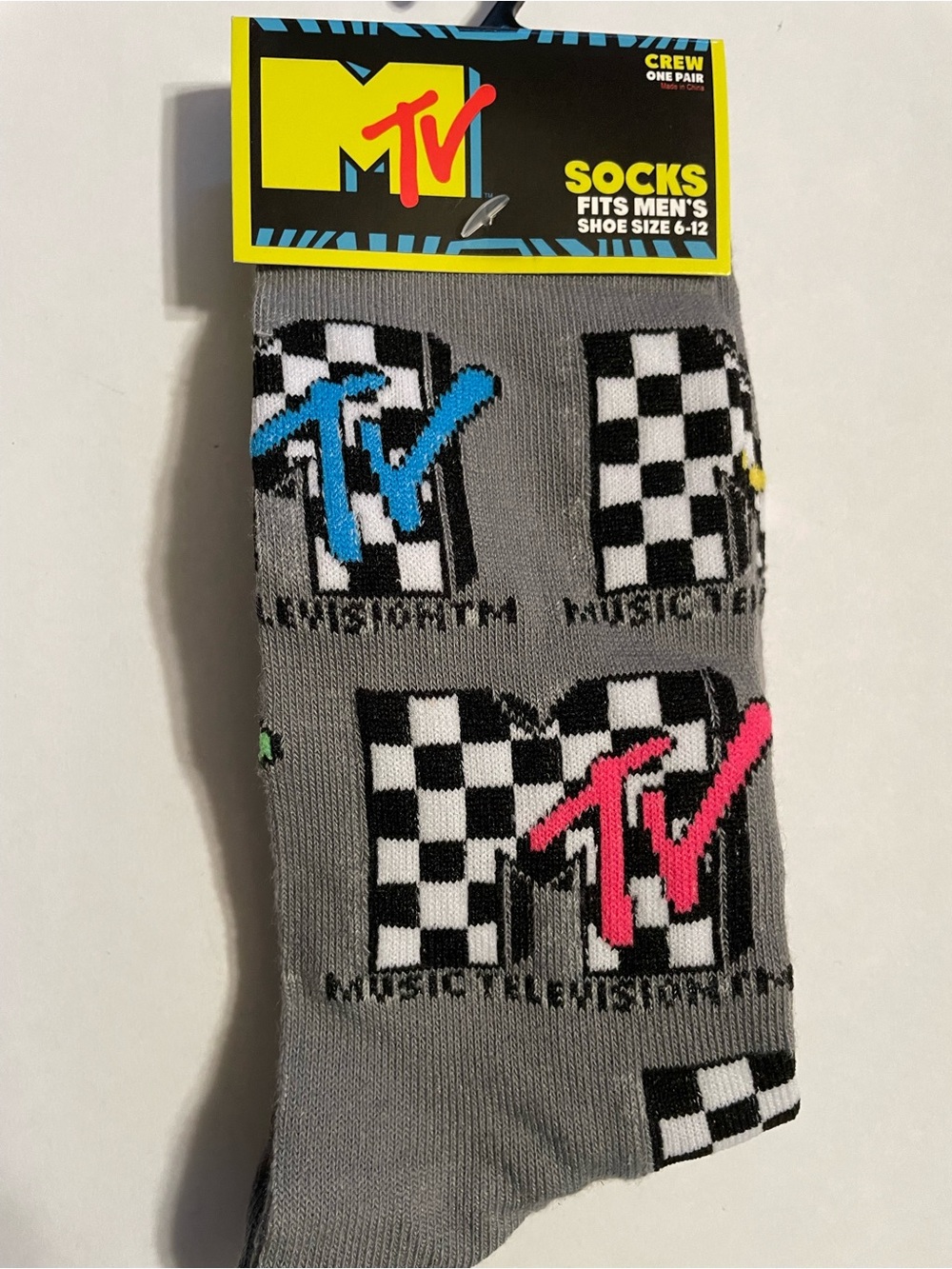 MTV Gray Crew Socks with Pink & Blue Logo Accents
